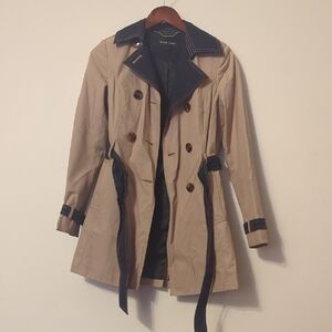 Tan Trench Coat with Navy Accents